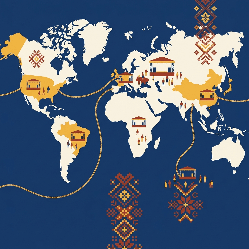 Drawn map of the world with festival stages in several countries, linked by an embroidered thread