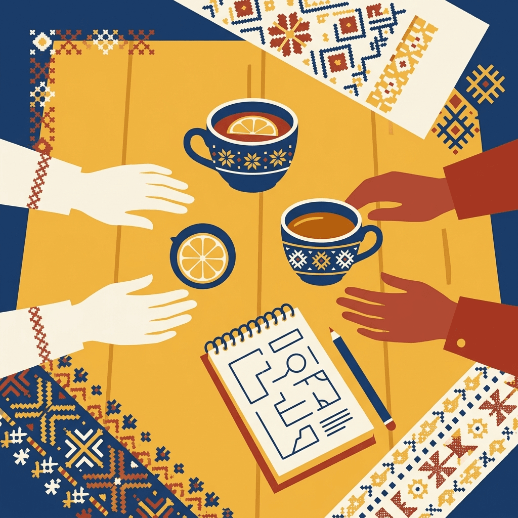 A table seen from above with two cups of tea, a notebook with a plan on it and two pairs of hands
