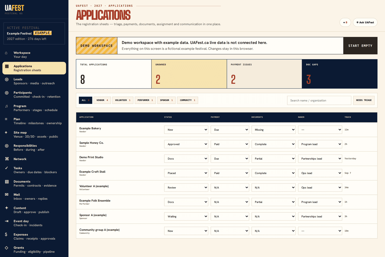 Applications table with status, payment, documents and owner per row