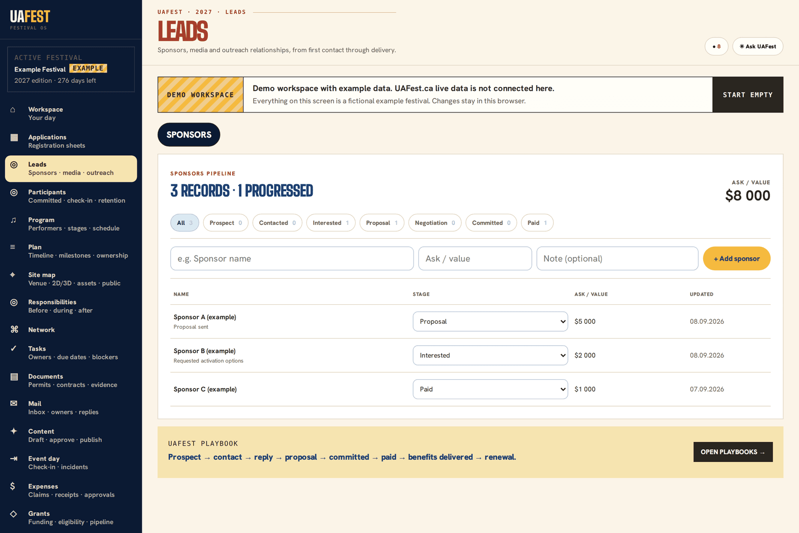 Leads screen for sponsor, media and outreach contacts