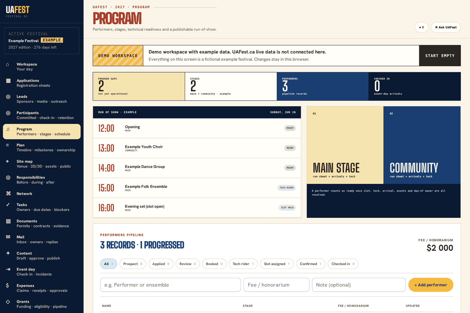 Program screen with performers, stages and the running order