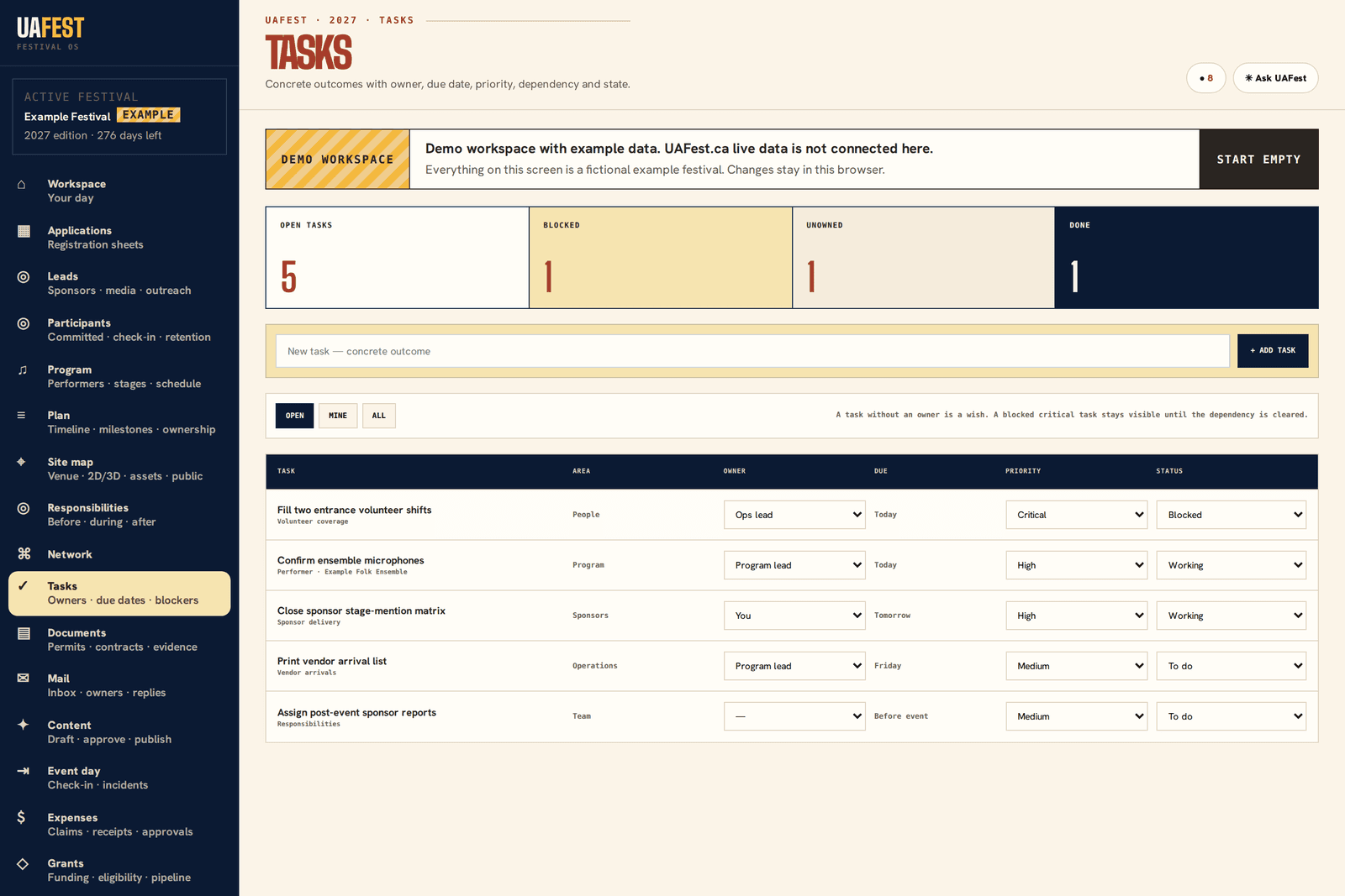 Tasks screen with an owner, a due date and a blocker on each row
